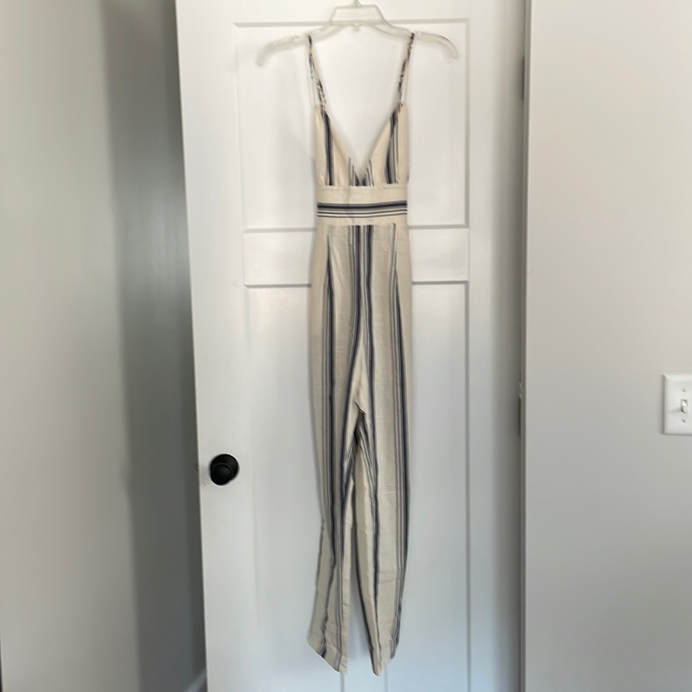 Superdown Blue and Cream Striped Linen Jumpsuit